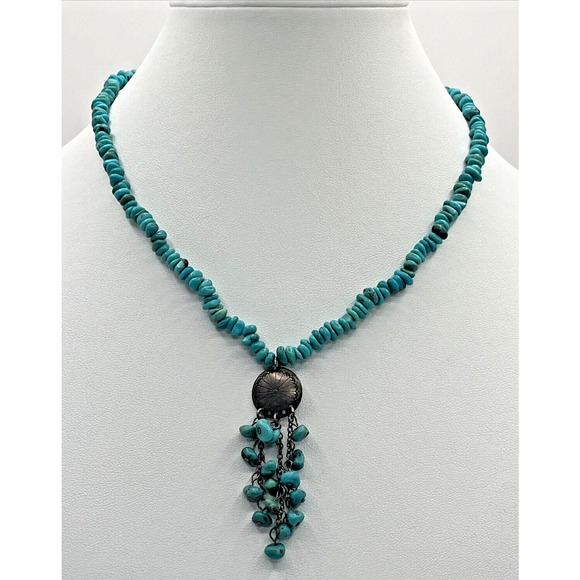Vintage NAVAJO 925 Sterling Silver NATIVE AMERICAN TURQUOISE NECKLACE SIGNED - Picture 1 of 5